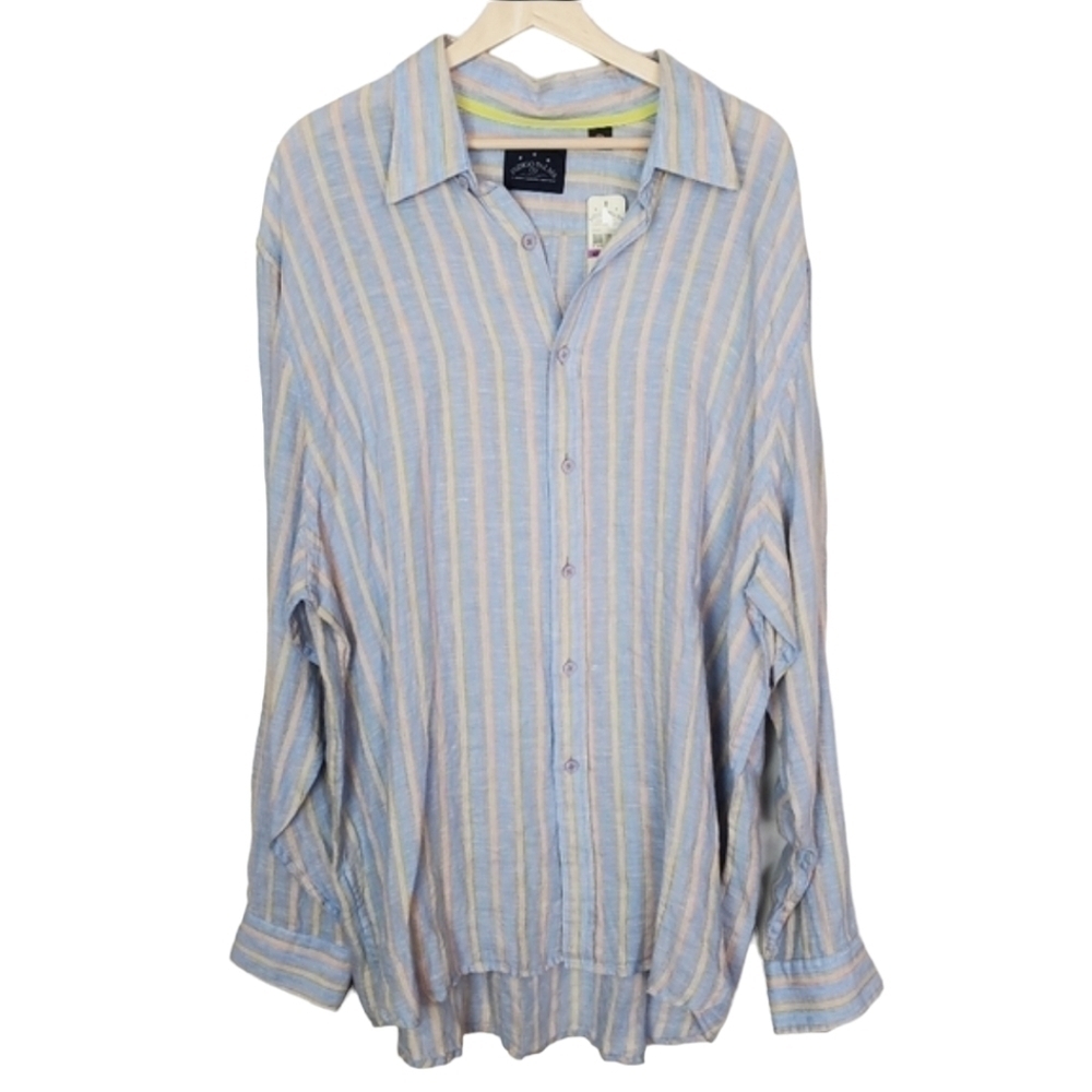 Indigo Palms Linen‎ Button Up shirt Mens XXL Blue Orange Stripes Coastal New